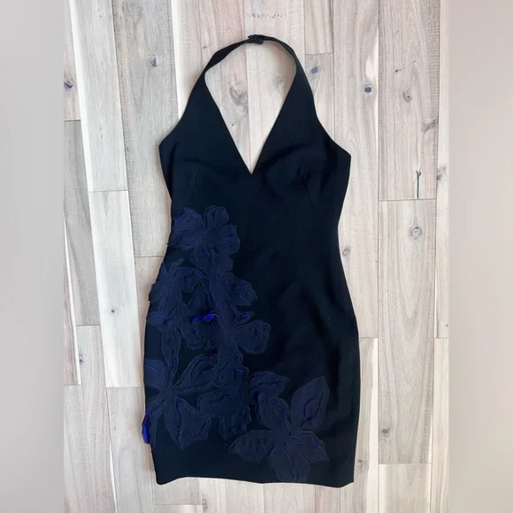 black dress with blue flowers Black Bold Flowers Long Sleeve Midi Dress